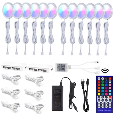 HURYEE RGBWW LED Puck Lights with Remote:Color Changing Under Cabinet Lighting 12pack