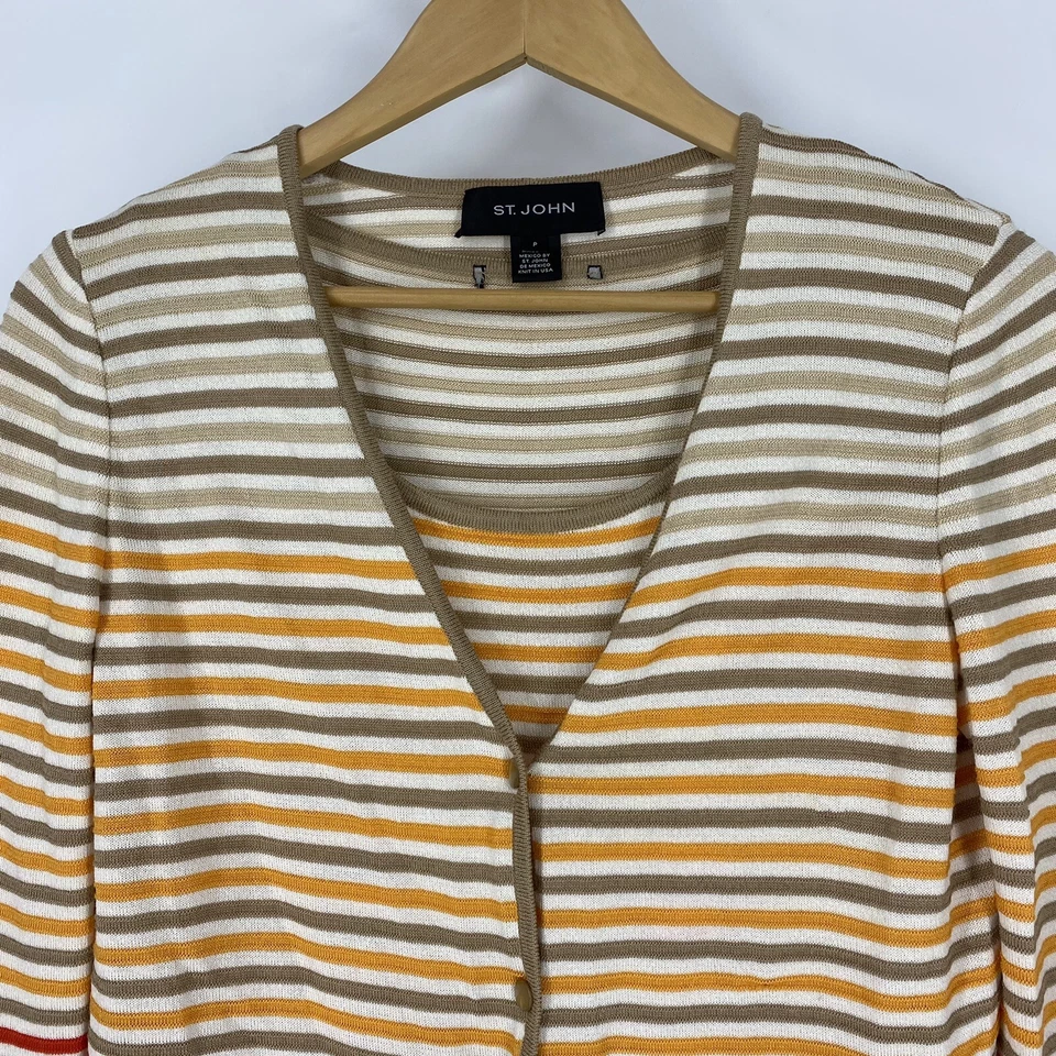 St John 毛衣 P 码女式橙色棕褐色针织条纹背心开衫双件套 — 第 2/4 张图片