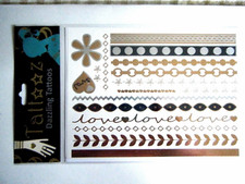 Metallic Temporary Tattoos Gold Silver Bands Love Hearts Flowers Leaves 2 Sheets