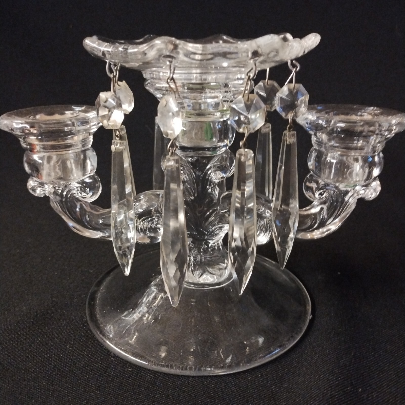 Vintage Crystal 2 Arm Candelabras Pair 3 Lights, Bobeches & 16 Prisms