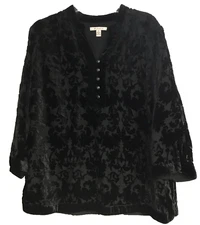JM Collection Sz 14 Black Velvet Burnout Floral Blouse Tunic Lined Pullover