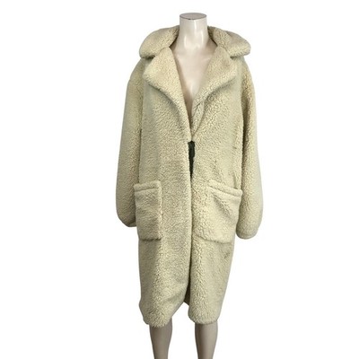 Free People Cream Sherpa Teddy Coat Oversized Long Lapel Collar Pockets XS
