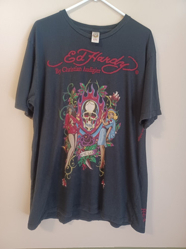 Vintage Y2K Ed Hardy Christian Audigier T-shirt Size XXL Black Skull Angel Devil