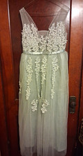 Handmade Plus XL Green V-Neck Sleeveless Lace Tulle A-Line Dress