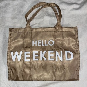 Hello Weekend NEW Tote Bag Beige & White Graphics Lined Purse 12x10x4