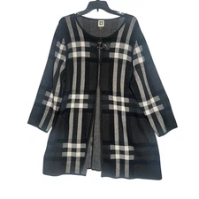 Anne Klein Women's Plaid Coatigan Sweater Jacket Black White Longline Buckle 2X