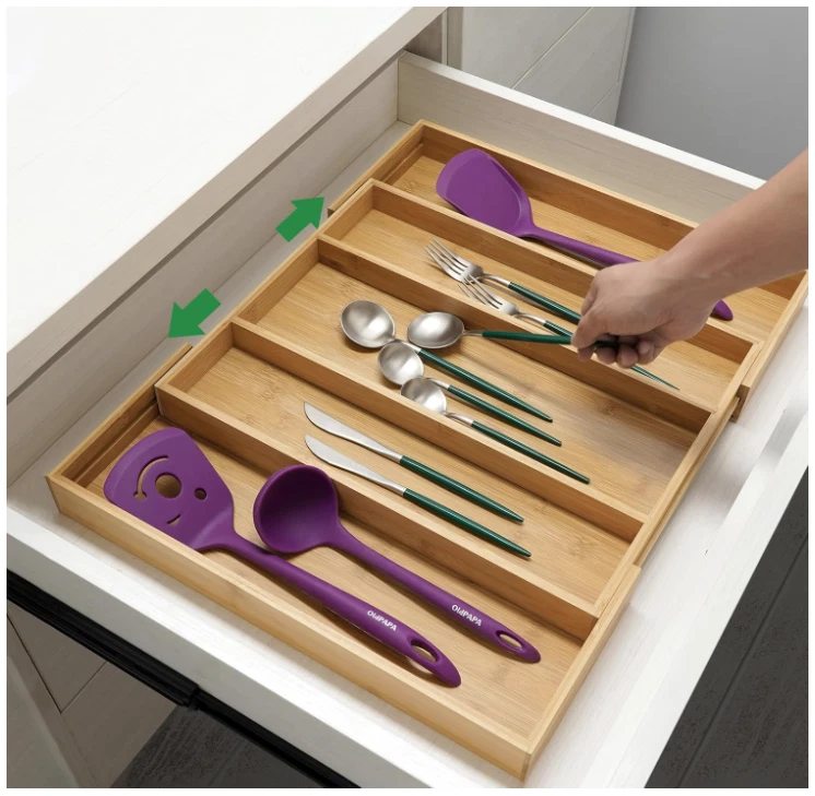 Бамбуковый расширяемый органайзер выдвижного ящика, регулируемый держатель для столовых приборов и посуды, 5 слотов - Изображение 2 из 4