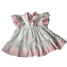 Vintage Dress 18m Floral Pink White Lace Ruffle Embroidered Flower Cottagecore