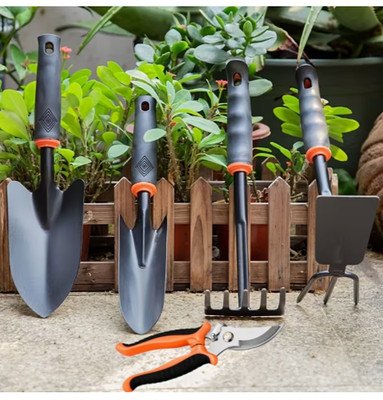 5 Piece Garden Tool Set Heavy Duty Pruner Hand Trowel Rake Weeder Rubber Grip