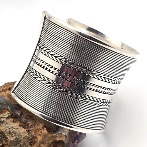 Sterling Silver Extra Wide 2" Concave Cuff Bracelet 7" Braided Coil Design 88.8g - Picture 3 of 11