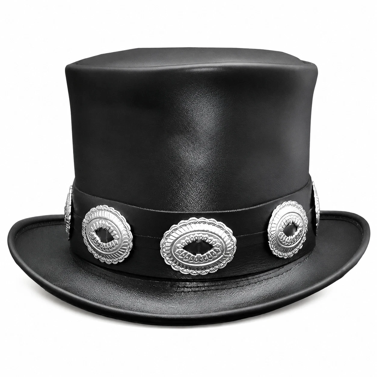 Handmade Black Leather Top Hat Concho Band Gothic Steampunk Biker Hat