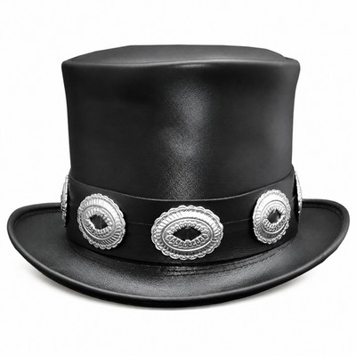 Handmade Black Leather Top Hat Concho Band Gothic Steampunk Biker Hat