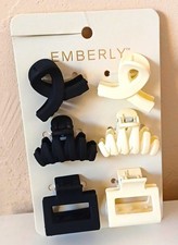 Emberly Hair Claw Clip Set, Black  White Solid 6 Plastic Clips for Women - NEW
