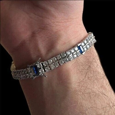 10Ct Emerald Lab-Created Sapphire Men's Tennis Bracelet 14K White Gold Plated