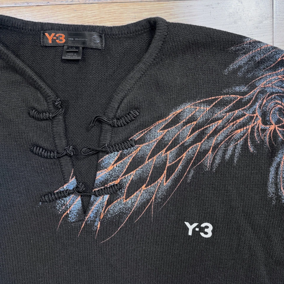 Rare Y3 Yohji Yamamoto Y2K Large Dragon Wing V Neck Knit Sweater Black Asian - Image 4 of 4