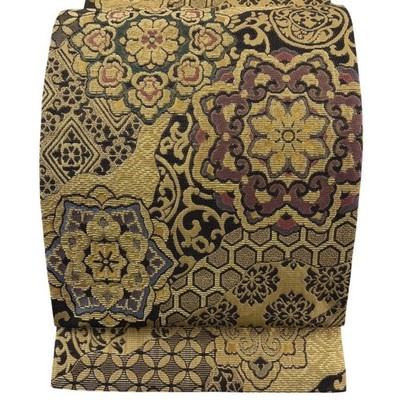 Japanese Kimono Fukuro Obi Silk Gold Floral Arabesque Floral Arabesque Otaiko