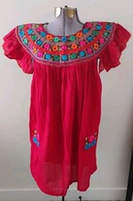Red Embroidered Dress Women's Boho Peasant Oaxaca Huipil Floral Mini Sz S