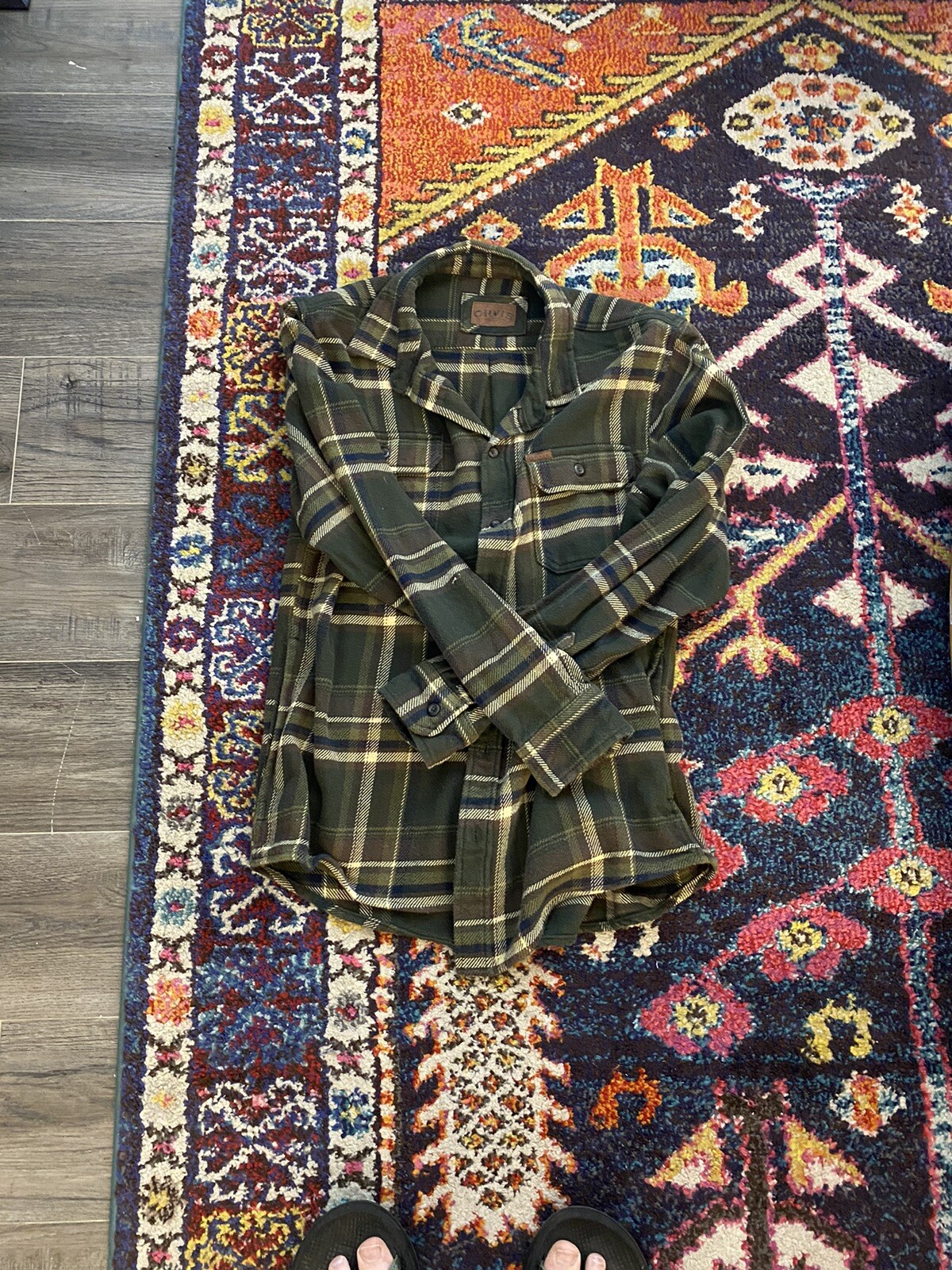 Orvis Mens Flannel Shirt Jacket Green Plaid Double Brushed Side Pockets Sz L