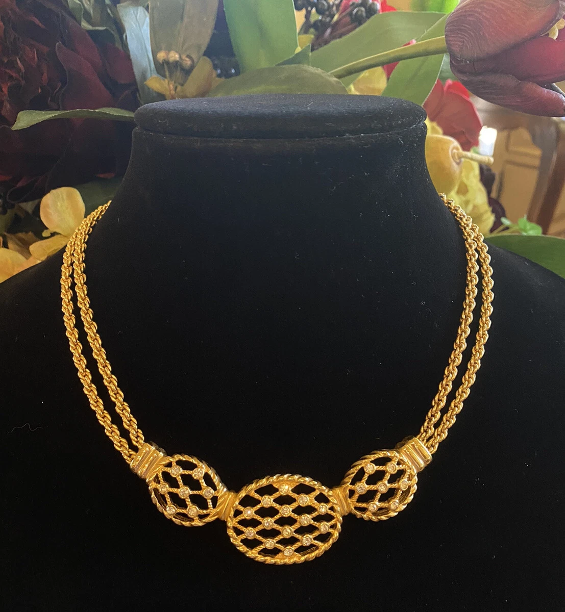 BEAUTIFUL VINTAGE CHRISTIAN DIOR GOLD PLATED DOUBLE CHAIN CRYSTAL NECKLACE