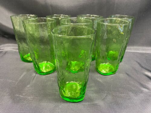 Set of 8 ~  Morgantown Glass "CRINKLE GREEN" Iced Tea Tumblers  ~ 5 1/2" Tall - Picture 1 of 6