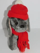Grey Christmas Dog Plush Vintage Stuffed Animal Norman Industries Puppy Red Hat 