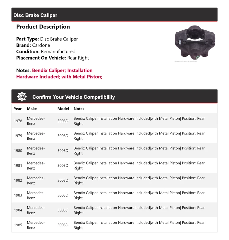For 1978-1985 Mercedes-Benz 300SD Disc Brake Caliper Rear Right Cardone 1979 - Image 2 of 4
