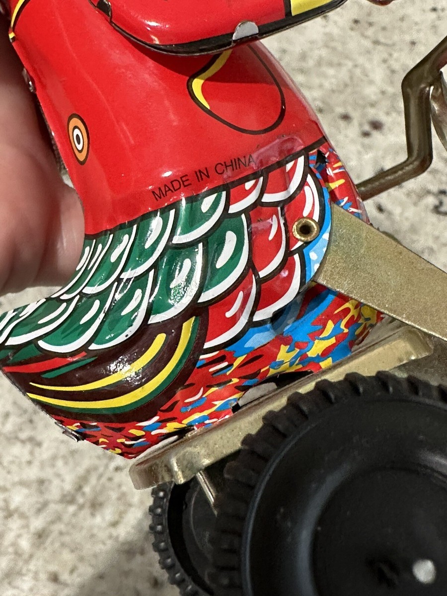 VINTAGE LITHO TIN Wind Up Duck on Bicycle Helicopter Top VINTAGE LITHO TIN Wind Up Duck on Bicycle Helicopter Top