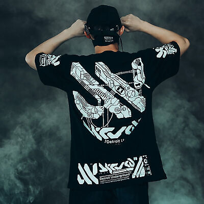 Niepce Unisex Cyberpunk Graphic Black Tee Short Sleeves Streetwear