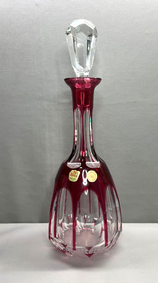 Nachtmann Bleikristal Bavaria Cranberry & Clear Faceted Glass Decanter w/Stopper