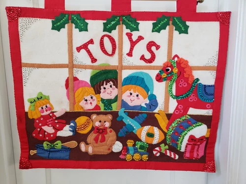 Vintage Bucilla Completed Children Looking into Toy Store Window Wall Hanging 