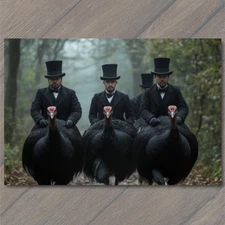 Art Print  Top-Hatted Riders on Turkeys Vintage Woodland Path Theme Quirky Funny