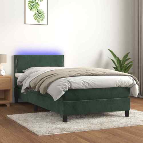Springs bed with mattress and dark green LED 90x190 cm velvet-