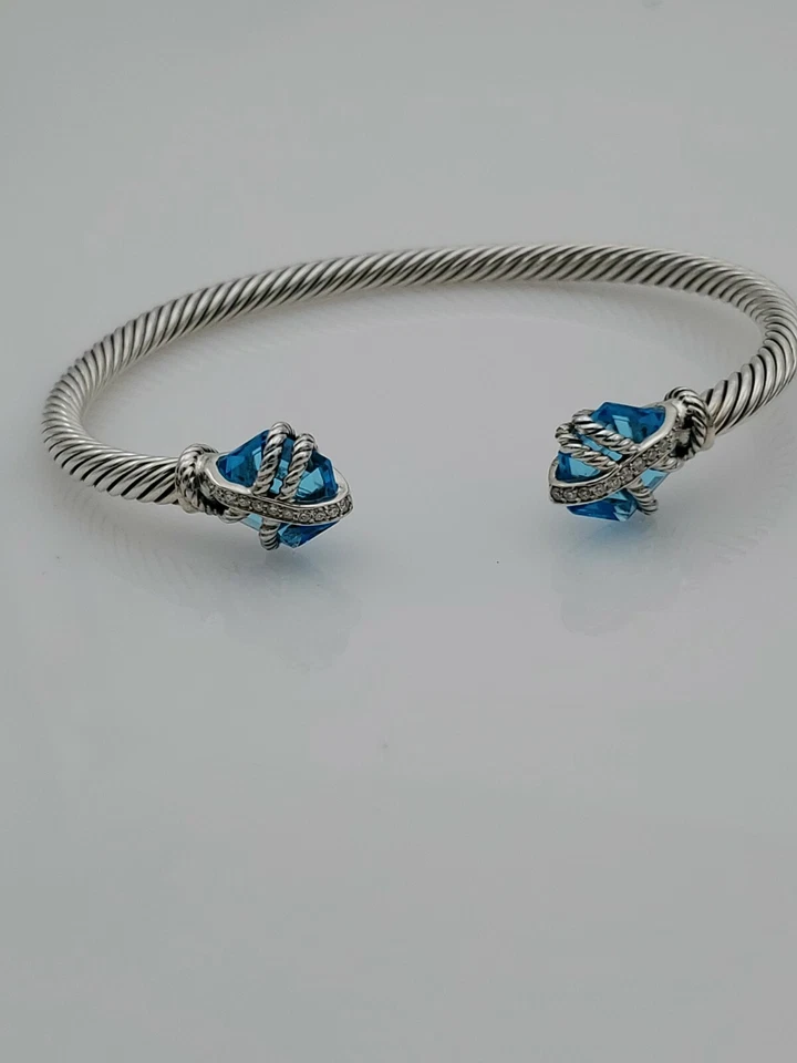 David Yurman 纯银蓝色黄玉和钻石电缆包裹式手链 4 毫米 — 第 3/4 张图片