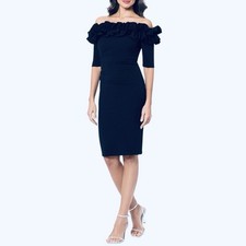 XSCAPE Brynleigh Dress Sz 6 Off The Shoulder Ruffle Ruched Sheath Bridal Party