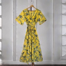 Maxi Women’s Dress Yellow Long Floral Print Hippie Caftan V-Neck Front Slit Boho