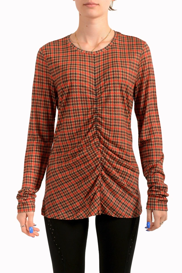 Hugo Boss Women's "Egila_print" Plaid Wool Long Sleeve Blouse Top US L IT 44