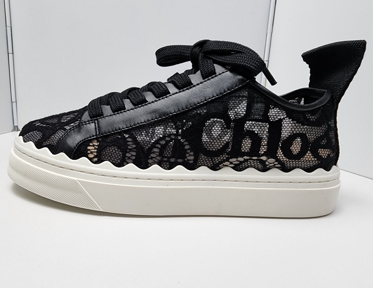 Chloe Lauren Logo Lace Leather Low Top Sneakers Black EU 38 US 7.5