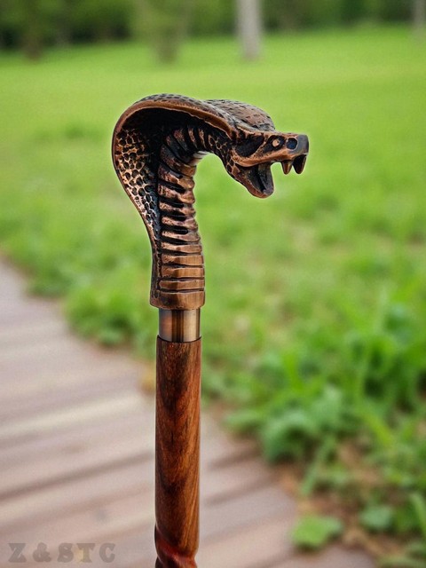 Antique Brass Cobra Head Handle Walking Stick – Spiral Wooden Cane