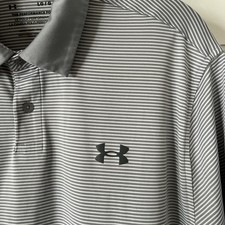 Under Armour Large Performance Polo Grey White Striped Short Sleeve Golf Polo
