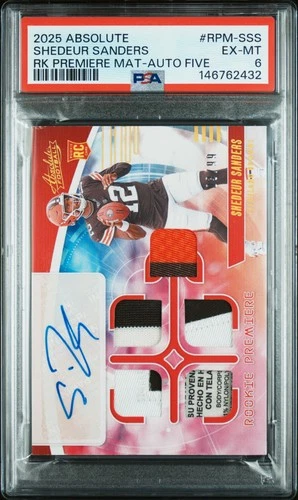 2025 ABSOLUTE ROOKIE PREMIERE MATERIALS AUTO FIVE SHEDEUR SANDERS RC 3/99 PSA 6