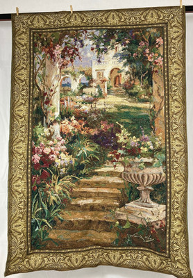 Vintage Französische Bewegung Landhaus Gartenszene Wandbehang Wandteppich 196x135 cm
