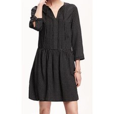 Old Navy large plaid dress ruffle 3/4 sleeves tie neck pullover minimalist black