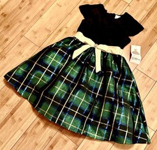 Rare Editions Girls Sz 14 Blk Velvet & Emerald Plaid Gold Party Dress NWT