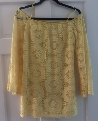 Teeze Me Women's Yellow Solid Lace Off-Shoulder 3/4 Sleeve Blouse, 3