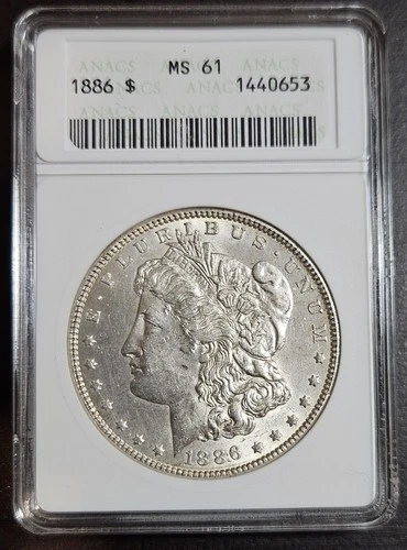 1886 Morgan Silver Dollar ANACS MS 61 In Old Soapbox Holder + Reverse Toning