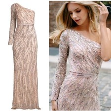 Mac Duggal Embellished One Shoulder Sequin Gown Rose Gold Size 10 NWT