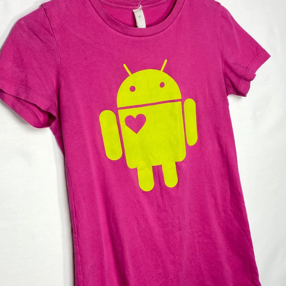 Android Tshirt Womens Small Magenta Pink Neon Yellow Robot Heart Vintage - Image 2 of 4