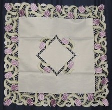 Embroidered / Cut Work Purple Tulip Table Square Table Cloth - Topper NEW