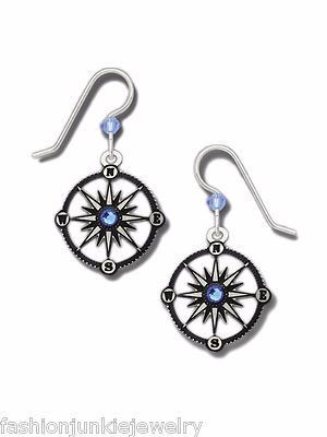Compass Dangle Earrings Sterling Silver Ear Wires Black Blue