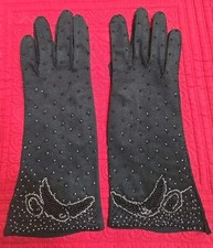 Vintage Black Stretchy 10" Silver  Black Beaded Wrist Gloves Size 7 Unused